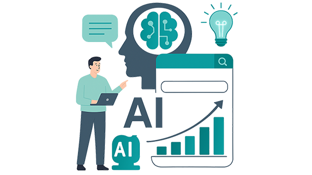Graphic showing a man using AI